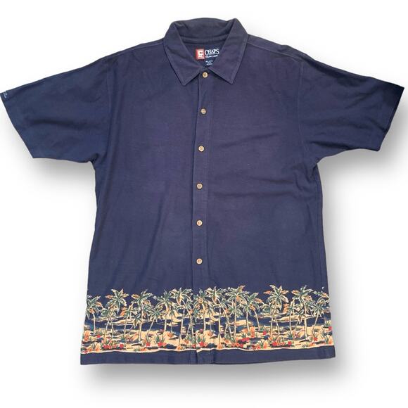 Vintage Chaps Shirt Navy Blue Tropical Palm Floral  Short Sleeve Hawaiian Print - Picture 2 of 9